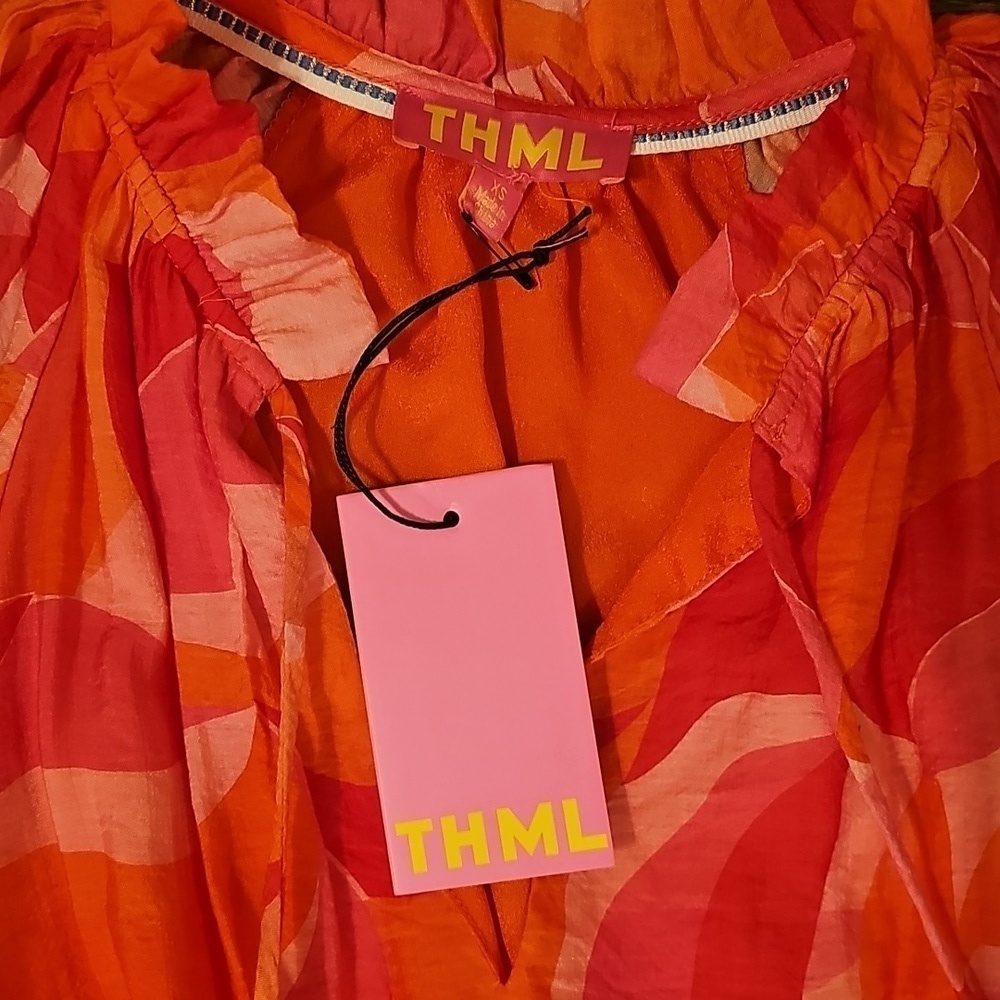 THML Smocked Waist Tiered Orange and Pink Midi Dress - Picture 5 of 6